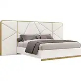 Luna Oro King Bed in High Gloss White Lacquer, White Vegan Leather & Gold Metal